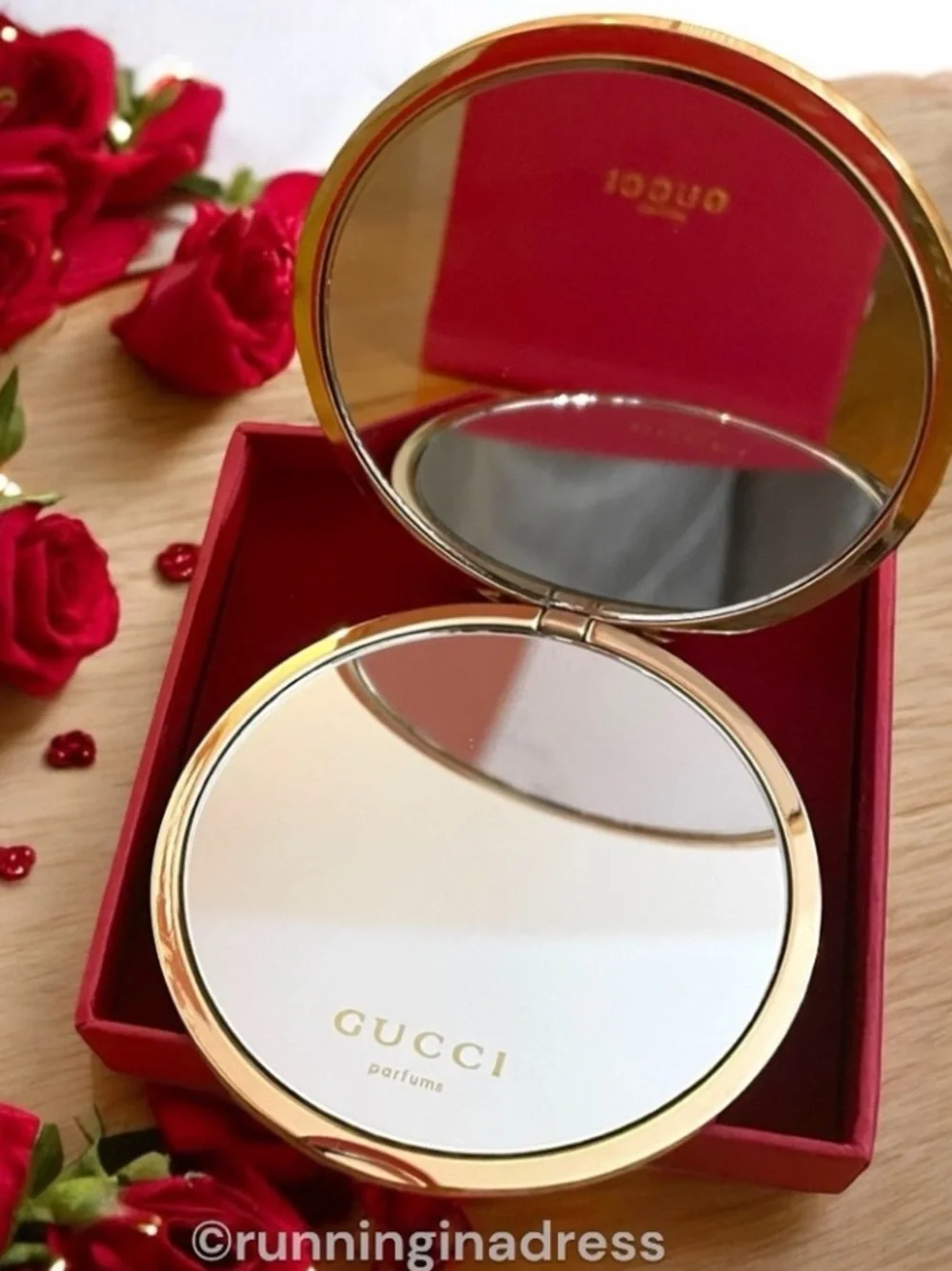 NIB Gucci Parfums Gold Embossed Monogram Compact Double Makeup Pocket Mirror